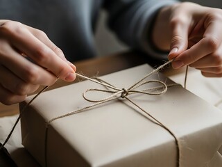 Person tying natural twine around a small beige gift box