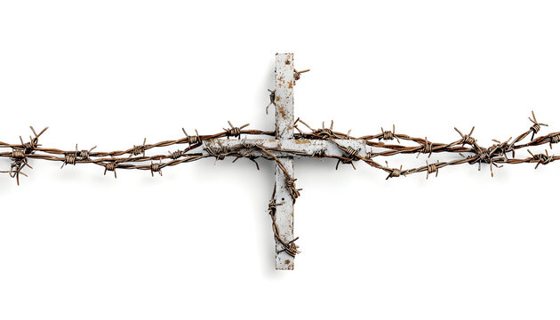 A simple, white background with a cross made of barbed wire, often used in memorials or to symbolize suffering