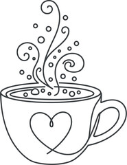 Whimsical hand drawn coffee cup with heart and steam