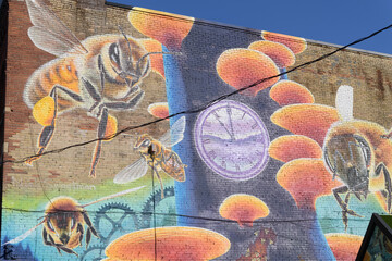 Fototapeta premium mural called ‘A Time for Pollinators’ created by Nick Sweetman, completed in 2016, located at 777 Queen St E, Toronto