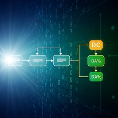Digital data flowchart illustrating a complex process with decision points and outcomes on a futuristic blue background