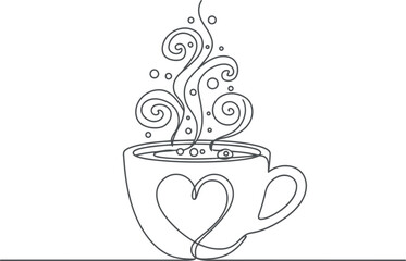 Steaming heart coffee cup one line drawing art
