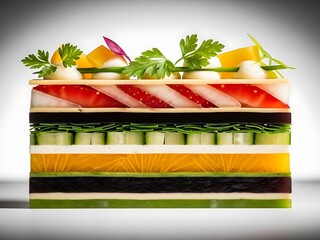 Layered fruit and vegetable terrine with fresh garnish on top
