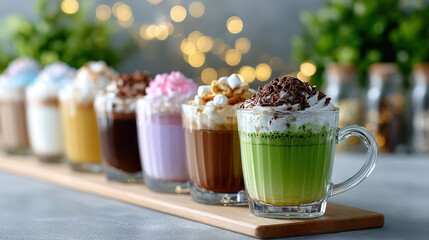A row of diverse hot chocolate mugs with colorful toppings lined up on a wooden counter creating a visually appealing dessert display