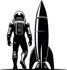 Astronaut standing next to a sleek rocket ready for launch