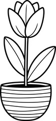 Simple outline drawing of a tulip flower in a striped pot