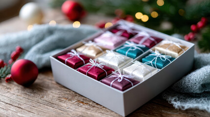Assorted holiday-themed advent calendar box with wrapped gifts on rustic wooden table near christmas tree