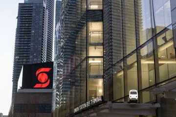 Fototapeta premium sign over entrance to Union Station bus terminal at CIBC Square, 81 Bay St, seen here from Lake Shore Blvd W, Toronto