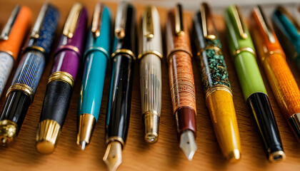 A close-up view of a collection of pens on a wooden table