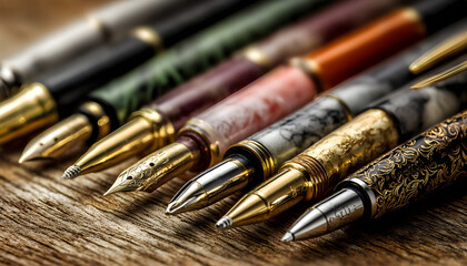 A close-up view of a collection of pens on a wooden table