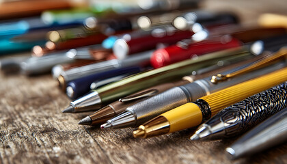 A close-up view of a collection of pens on a wooden table