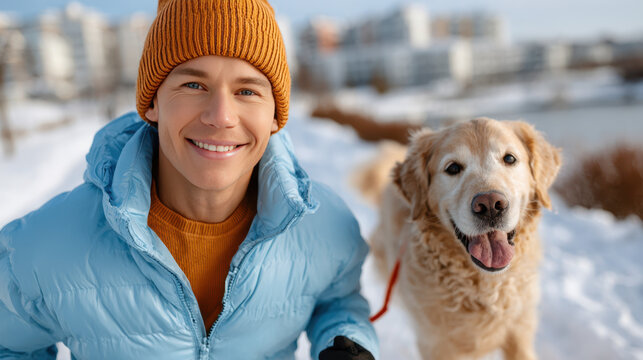 Smiling man enjoying a winter jog with a happy dog in a snowy urban park for fitness and companionship
