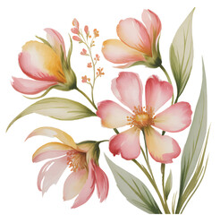 Watercolor floral cluster with warm peach petals and greenery.