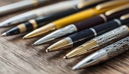 A close-up view of a collection of pens on a wooden table