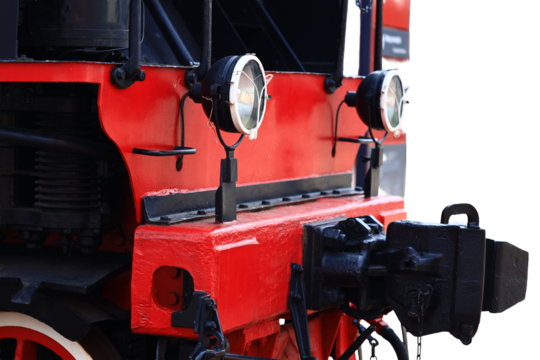 Close-up view of a red train engine with detailed features and textures