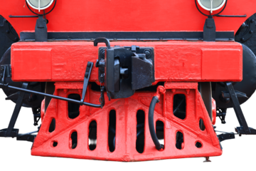 Close-up shot of the front of a bright red train, perfect for travel or transportation-related themes