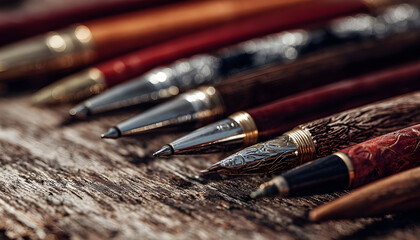 A close-up view of a collection of pens on a wooden table