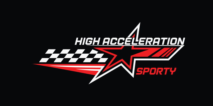 acceleration racing logo, sporty vector emblem with dynamic star checkered flag elements and speed stripes in red white on black for motorsport branding.