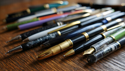 A close-up view of a collection of pens on a wooden table
