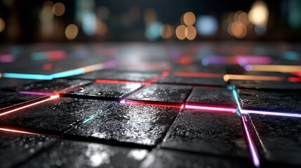 Stunning wet ground with vibrant neon light lines creating a dynamic futuristic cyberpunk atmosphere with bokeh city lights in the background