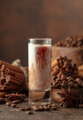 Cream and coffee liquor on a brown background.