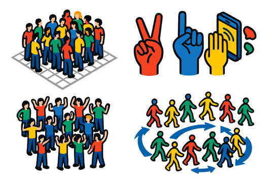 Flash Mob Coordination. Isometric vector illustration set Social coordination in flash mobs: people gathering in public squares,