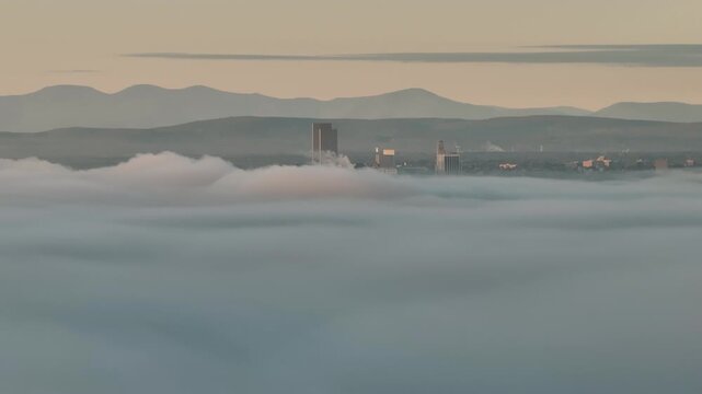 Aerial view of Albany and the Catskill Mountains on a foggy autumn morning