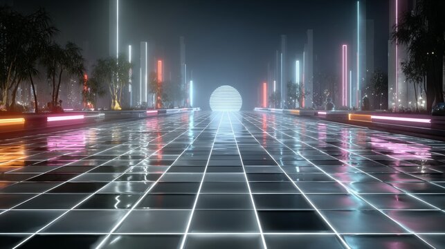 Experience the futuristic neon city skyline with a glowing sphere, vibrant lights, and reflective surfaces creating an immersive digital landscape.