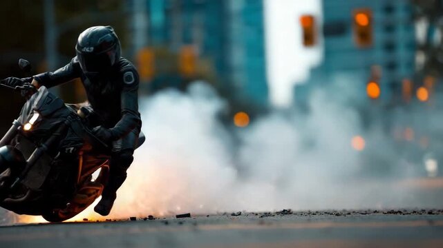 Motorcyclist in full gear takes a sharp turn with sparks flying