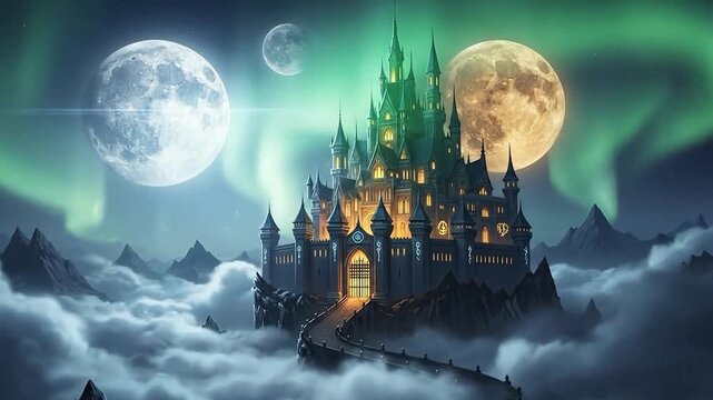 Majestic castle atop misty mountains at night with full moon and aurora borealis glow
