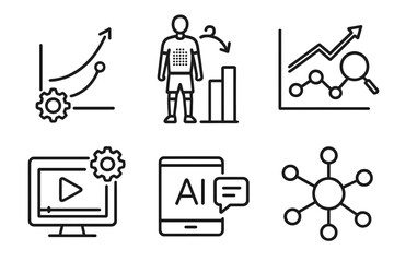Data Coaching Icons. Line style icons of data-driven coaching: machine learning graph, player heatmap prediction, trend analysis