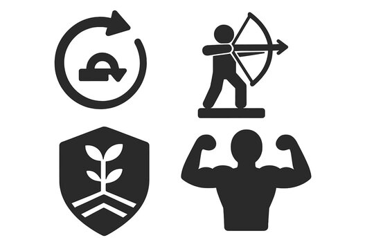 Resilience Icons Collection. Solid style icons of resilience and determination: retry pose icon, comeback archer panel, growth