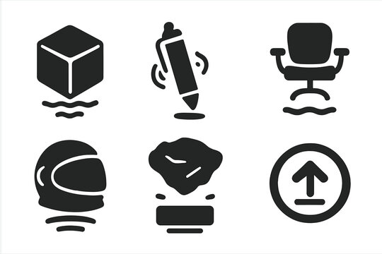 Levitating Objects Icons. Solid style icons of floating objects: levitating cube, suspended pen, anti-gravity chair. Floating