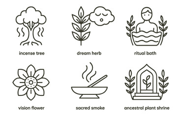 Spiritual Line Icons. Line style icons of spiritual and ceremonial use: incense tree, dream herb icon, ritual bath herbs, vision
