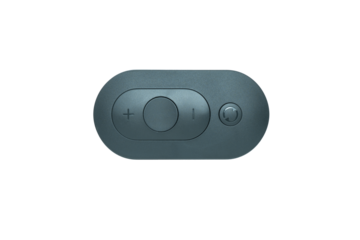 Black oval remote control with volume and reset buttons
