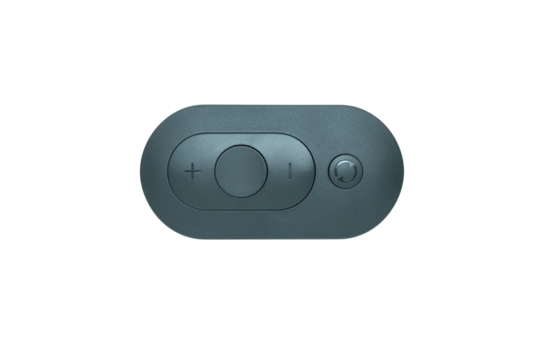 Black oval remote control with volume and reset buttons
