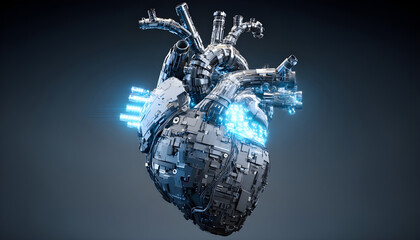 A futuristic metallic robotic heart embedded with circuitry and glowing blue LEDs