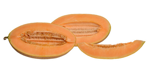 Two cantaloupe melon halves with seeds and one sliced ​​slice. Bright orange flesh and seeds visible.