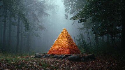 Candy corn pyramid in misty autumn forest