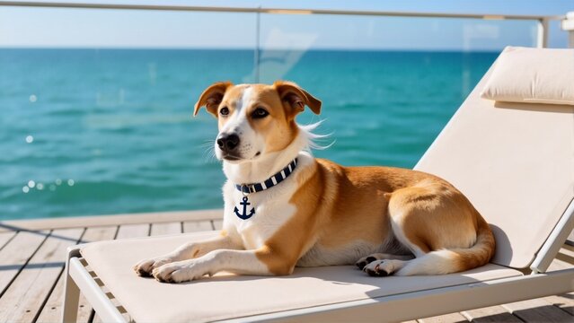 A dog laying on a deck chair on a deck overlooking the ocean with a blue sky