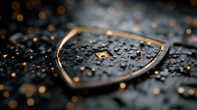 Secure digital shield with glowing circuits and golden accents represents cybersecurity and advanced technology protection