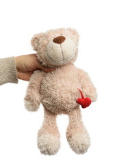 Human hand holding pink teddy bear with small red heart, isolated background