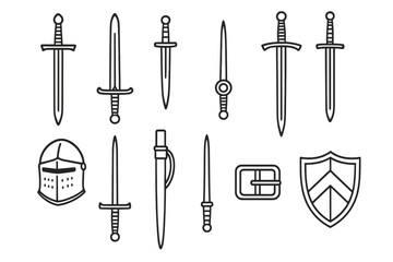 Obraz premium Knightly Weapons Icons. Line style icons of knightly weapons: arming sword, dirk, rondel dagger, claymore; zweihander, estoc,