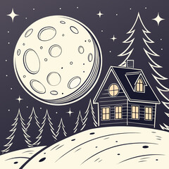 Vintage monochrome illustration of a winter night landscape. The foreground features a cozy wooden house with warmly lit windows, situated on a snowy hill. The background is dominated by a huge, detai