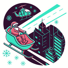 A vibrant, contemporary two-tone vector illustration depicting a futuristic Christmas scene. Santa Claus is flying in his high-tech sleigh over city skyscrapers, symbolizing fast holiday gift delivery