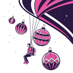 A bold and stylish vector illustration featuring a delivery person with a backpack parachuting from a large hot air balloon styled as a Christmas tree ornament. Additional ornaments float in the night