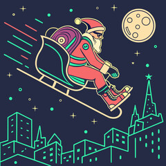 A vibrant, futuristic vector illustration featuring Santa Claus wearing sunglasses, flying on a sleigh with a large backpack over a night metropolis. The background includes a full moon and the outlin