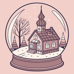 An illustration of a cozy Christmas or New Year snow globe. Inside, there is a charming house with a spire and a winter landscape with trees. The image is rendered in a soft palette of dusty pink, bei