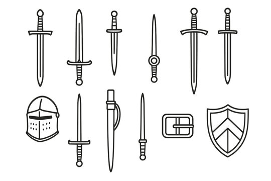 Knightly Weapons Icons. Line style icons of knightly weapons: arming sword, dirk, rondel dagger, claymore; zweihander, estoc,