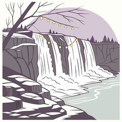 Winter Waterfall Decorated with Holiday Lights